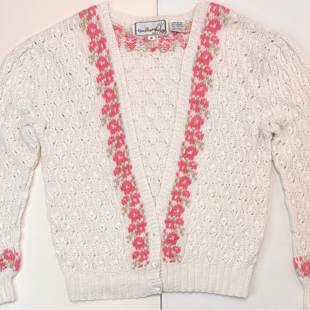 Vintage Cottage-core 80’s White‎ Pink Floral Hand Knit Granny Cardigan Sweater